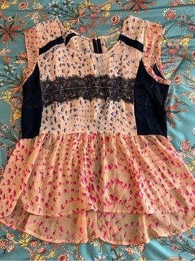 Maeve Blush Pink Top with Periwinkle Spot Print and Navy Trim